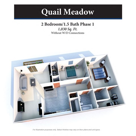 Floor plan for 2 beds, 1.5 baths, 1030 sqft